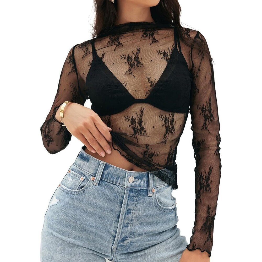 Womens Mesh Top Long Sleeve Sheer Floral Embroidery Sexy Y2k Blouse Large
